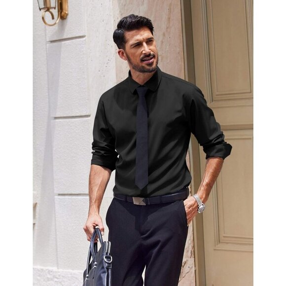 Coofandy Men Solid Black Long Sleeve Button Down Regular Fit Business Shirt - Picture 2 of 6